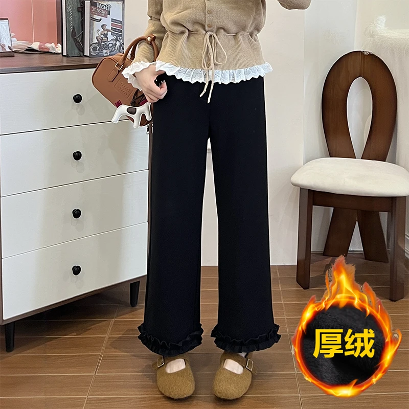 设计感木耳边西装休闲裤女冬季厚绒保暖松紧腰不挑身材直筒小黑裤