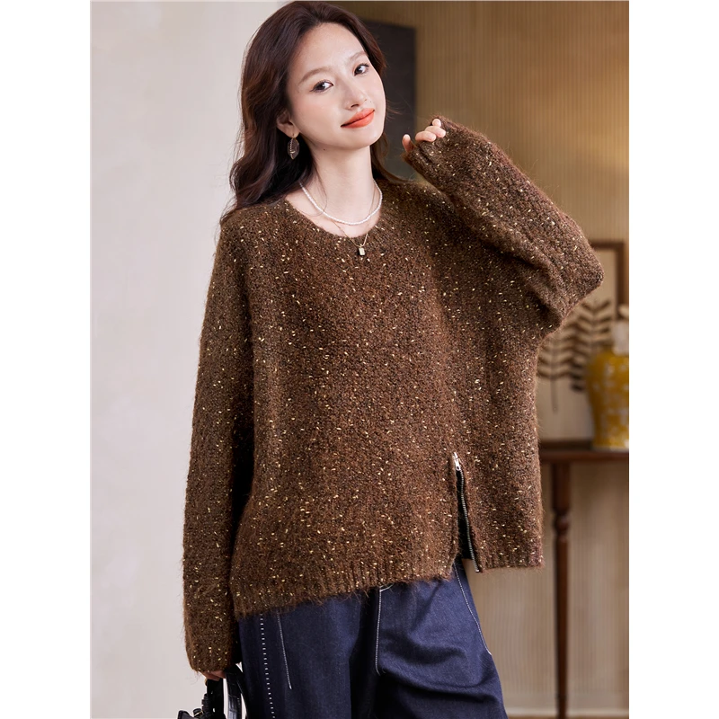 DUCURNO复古亮丝慵懒毛衣女2025秋冬新款宽松百搭韩版休闲针织衫