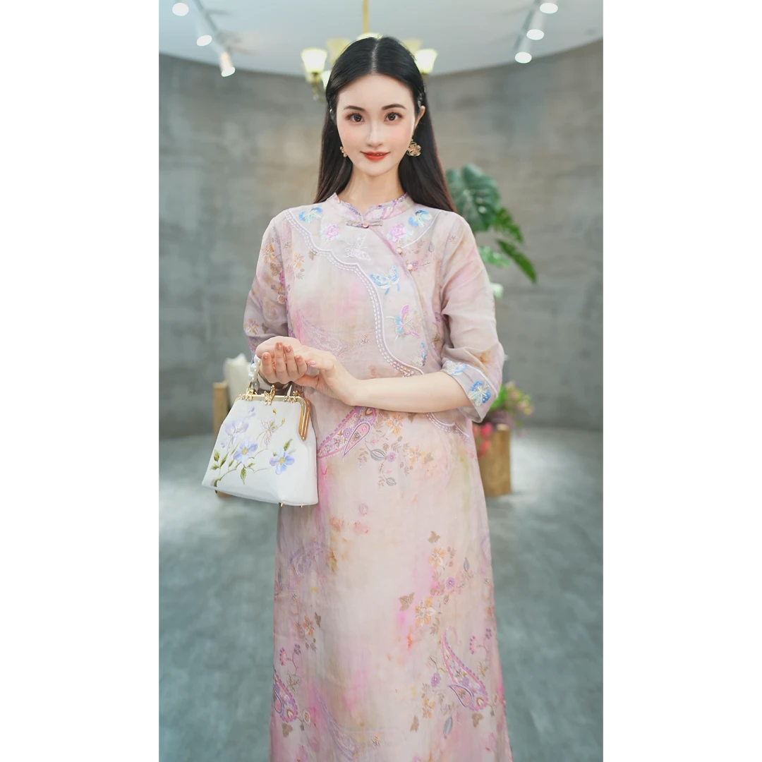 赠李白【紫烟】100支苎麻原创设计旗袍宽松文艺盘扣大摆裙6752