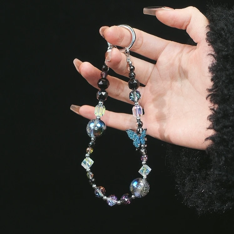 D013【深海蝴蝶手机链挂饰奢华高级感水晶珠子手链条挂绳带夹