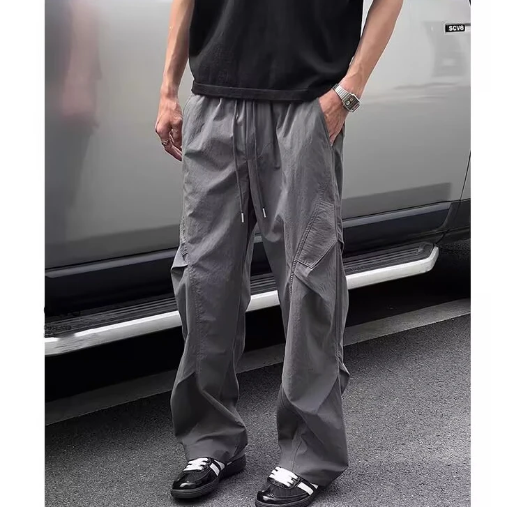 夏季薄款宽松直筒休闲裤户外工装风速干男裤褶皱感潮流男女百搭