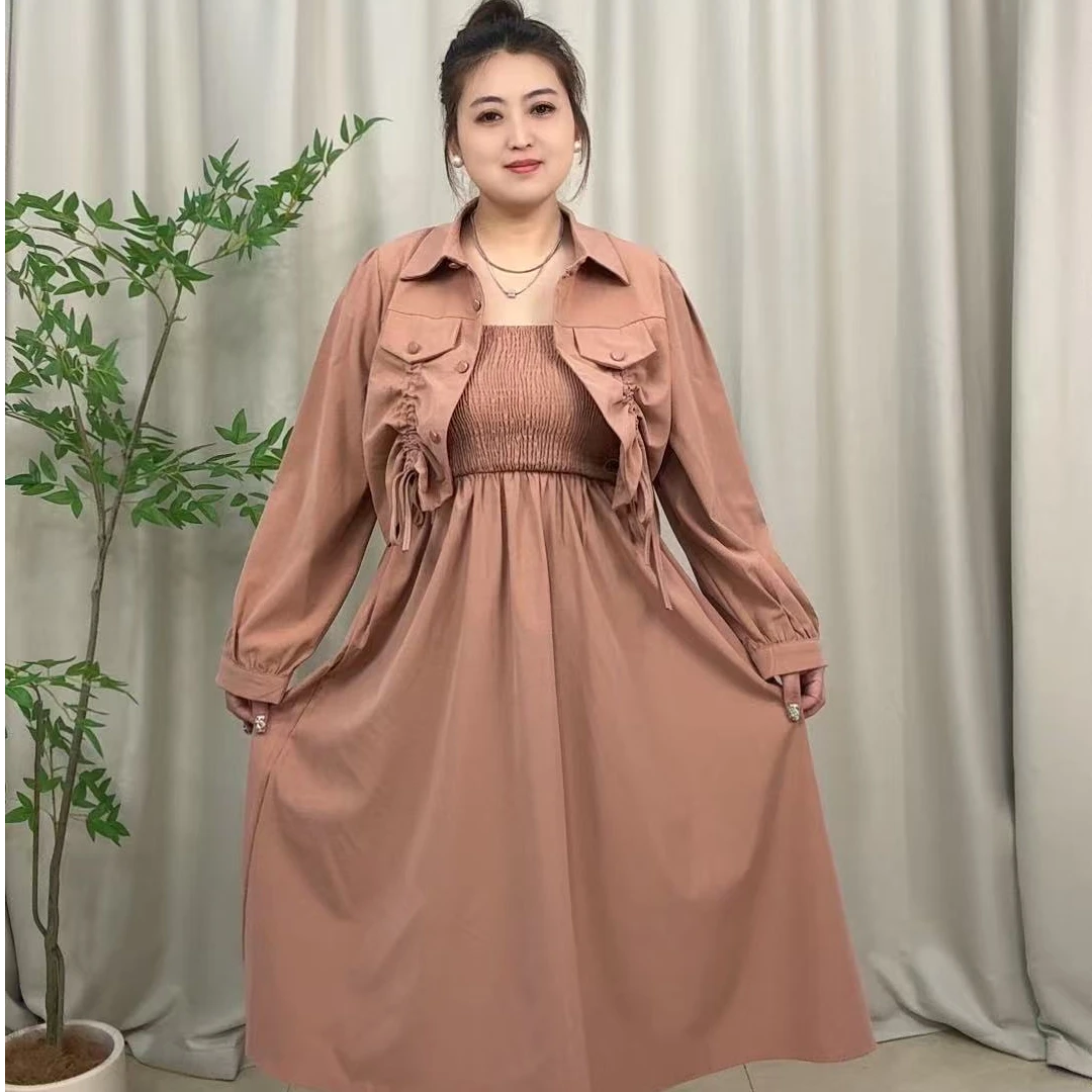 【木会大码】早春韩系减龄遮肚显瘦吊带连衣裙外搭开衫两件套