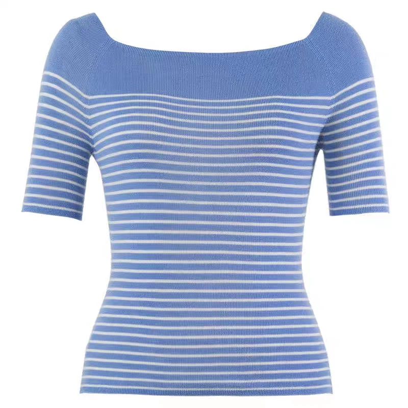 修身蓝色时尚女款短袖圆领针织半袖夏季条纹休闲套头打底衫显瘦