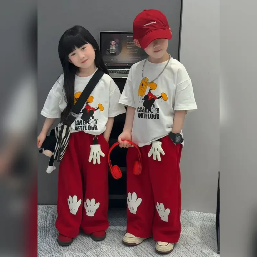 男童小米奇卡通短袖2025款老鼠印花可爱白手套裤子帅气搭配两件套