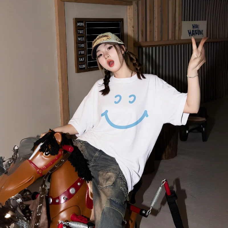 宽松纯棉印花短袖T恤休闲韩版薄款短款ins网红圆领