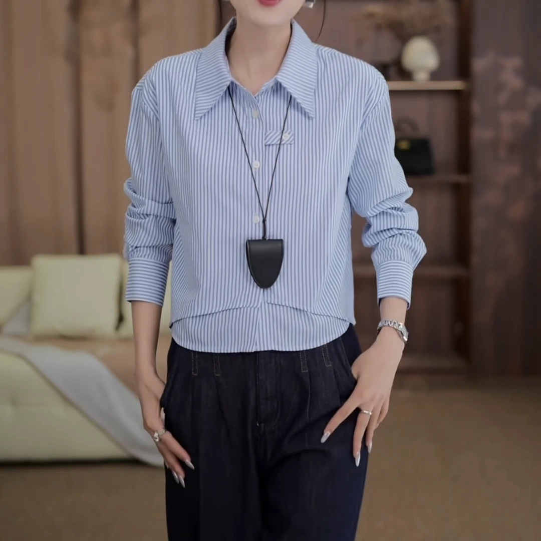【港岛女神】秋季轻奢气质蓝色条纹长袖衬衫宽松显瘦上衣LK2505792