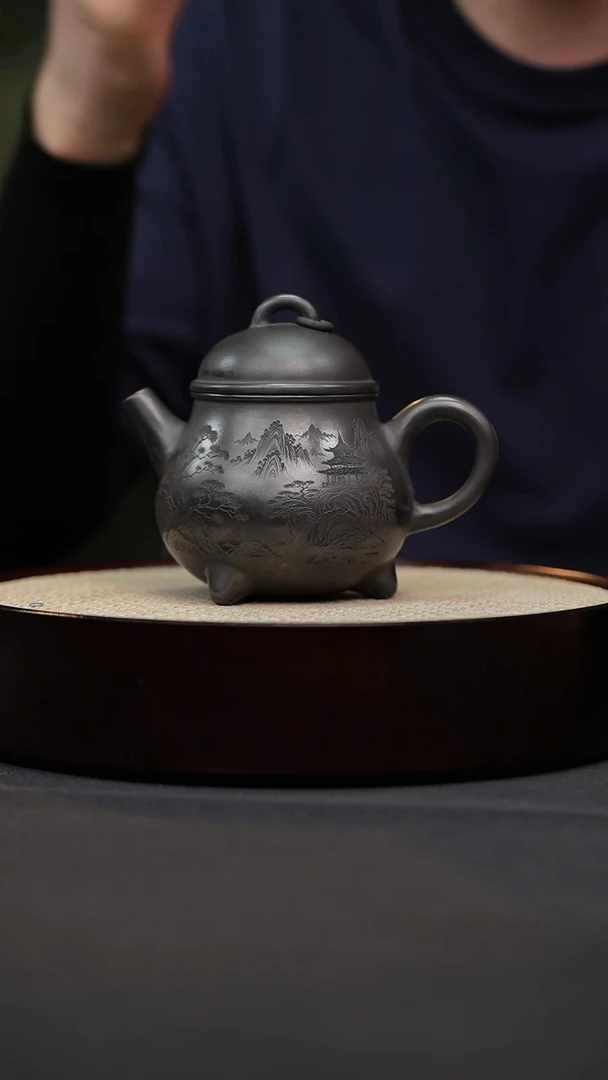 紫砂茶宠18 石黄三足单圈原矿紫砂壶