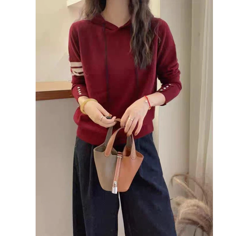 【MY SHAN】冬季欧货新款时尚连帽长袖撞色条纹气质百搭毛衣58587