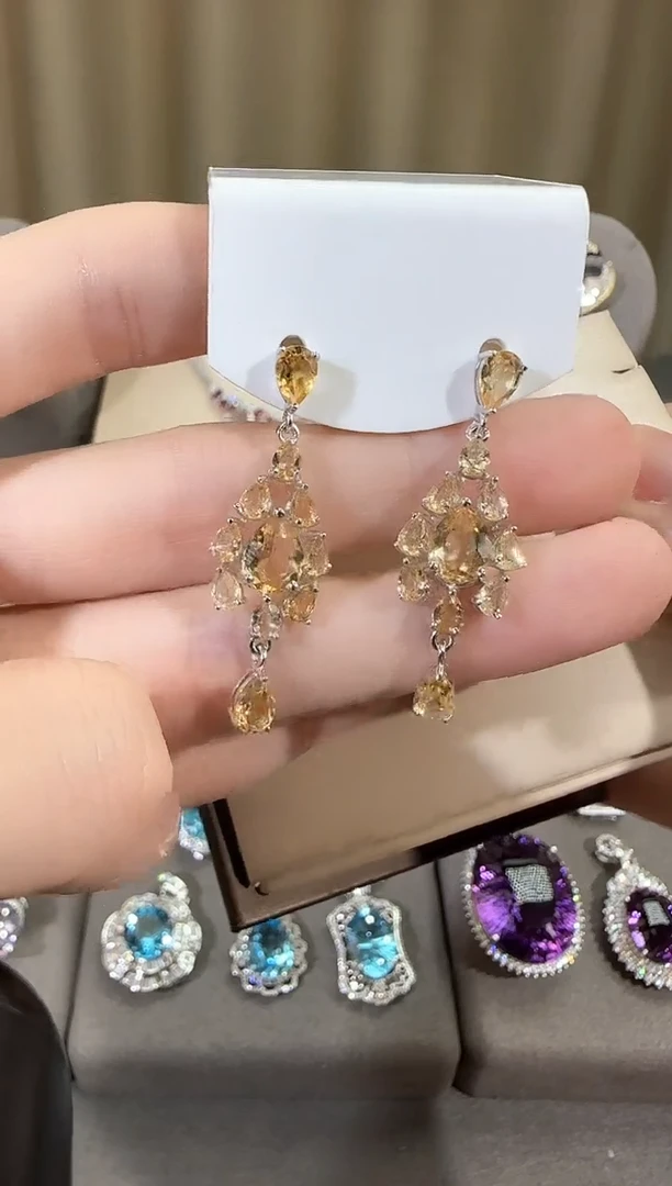 银S925镶嵌耳饰黄晶9*7mm耳坠水滴设计款