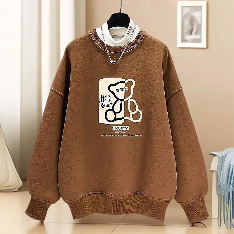 卡通小熊图案半高领加绒保暖卫衣女2025春秋冬新款宽松拼色中长款