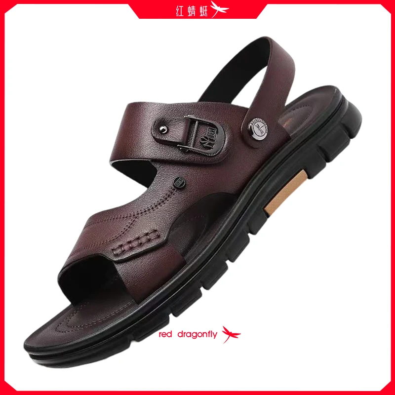 红蜻蜓全牛皮鞋男士夏季新款皮凉鞋男软底防滑中老年开车拖鞋两用