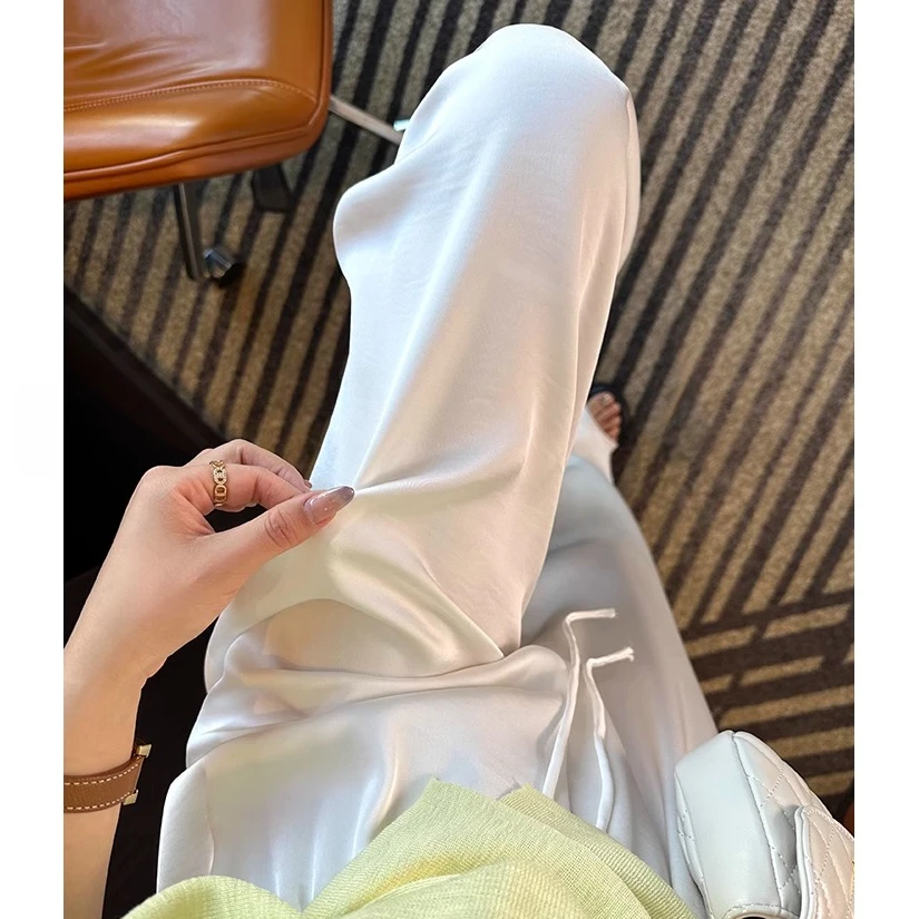 新中式醋酸缎面阔腿裤女夏季薄款梨形身材高腰显瘦冰丝窄版直筒裤