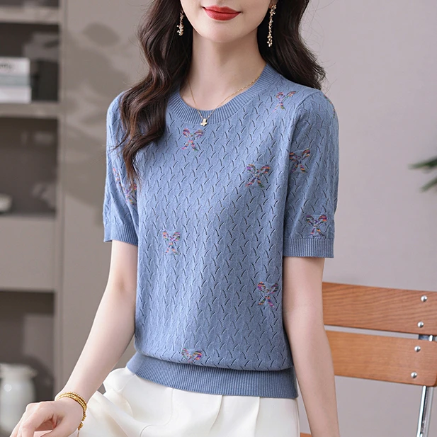 镂空提花圆领T恤针织衫2025夏季薄款洋气百搭新款女宽松短款小衫