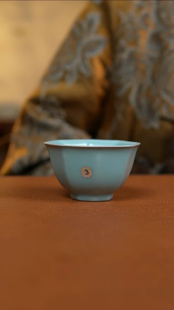 瓷片仿古天青精工八方杯一级3