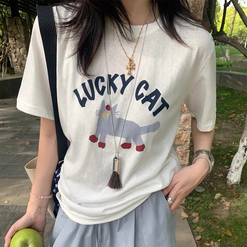 【褚培培自制】 “幸运猫”-薄薄薄-夏季气质显瘦女士猫咪可爱t恤