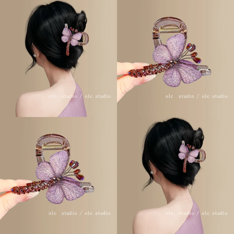 春日蝴蝶~气质复古风刺绣蝴蝶抓夹后脑勺半扎鲨鱼蝴蝶结珍珠抓夹