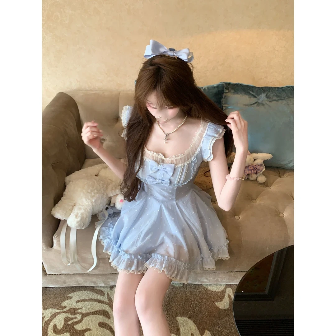 蓝梦谣曲 夏季纯欲风小众设计收腰显瘦飞飞袖短裙蝴蝶结连衣裙