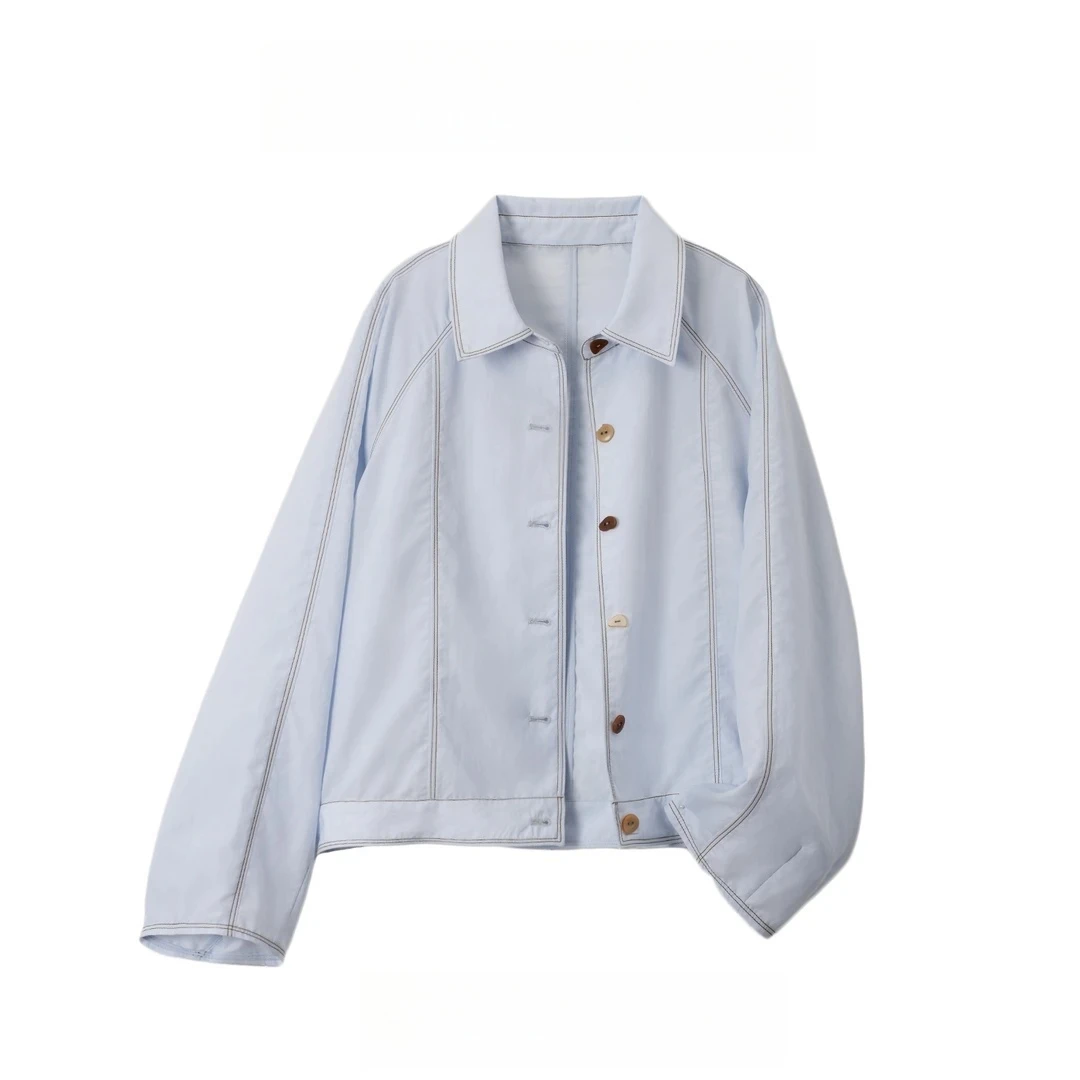 夏季冰川蓝新款翻领彩扣明线减龄显瘦气质衬衫外套M2504018