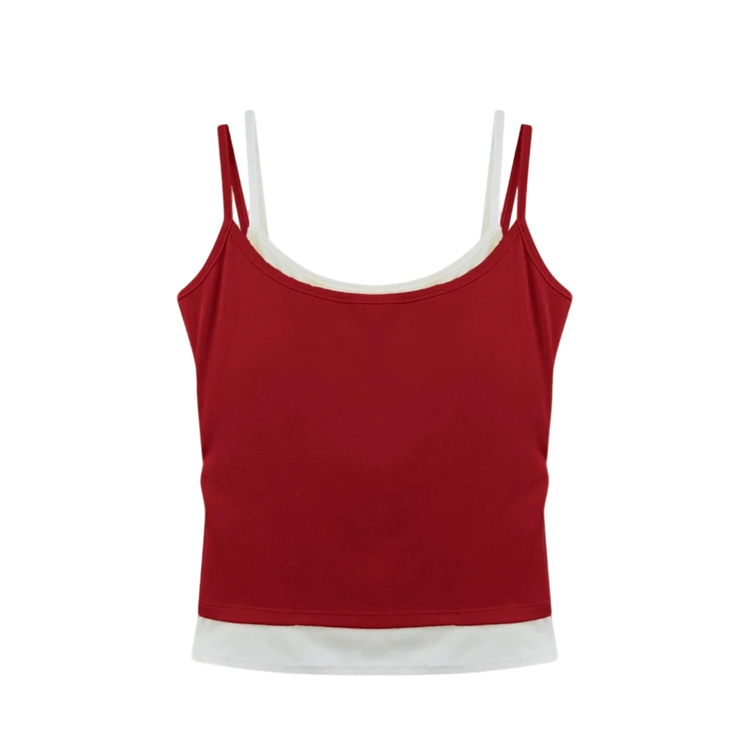 纯欲撞色拼接假两件自带胸垫一体甜辣吊带背心女内搭打底美背外穿