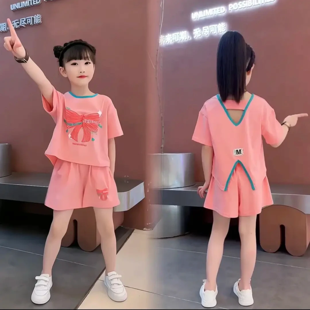 女孩韩版大童女孩小女孩休闲小女孩女童短袖套装夏季洋气儿童夏