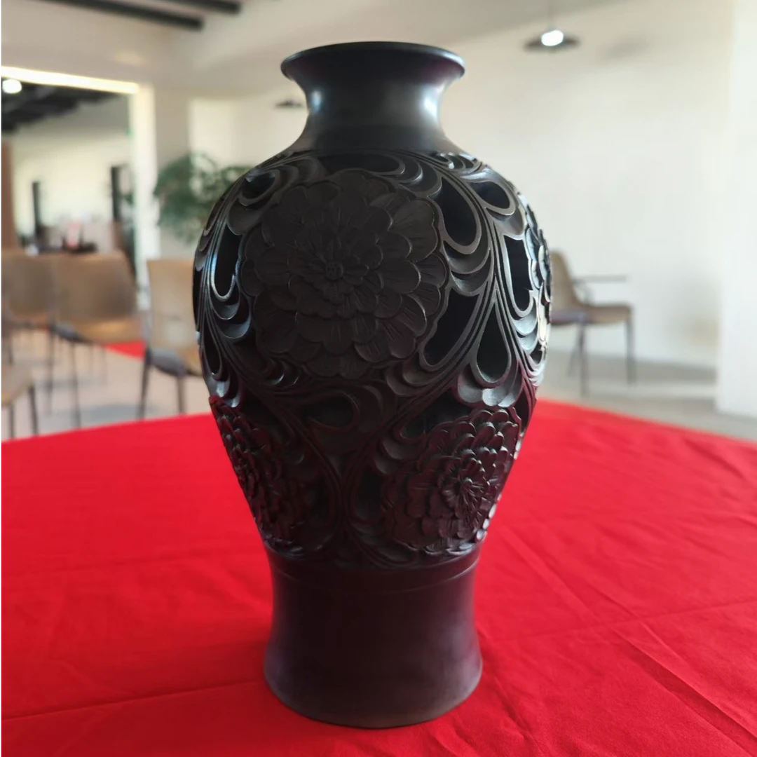 【陶有福】凤尾牡丹花瓶手工黑陶制品送礼
