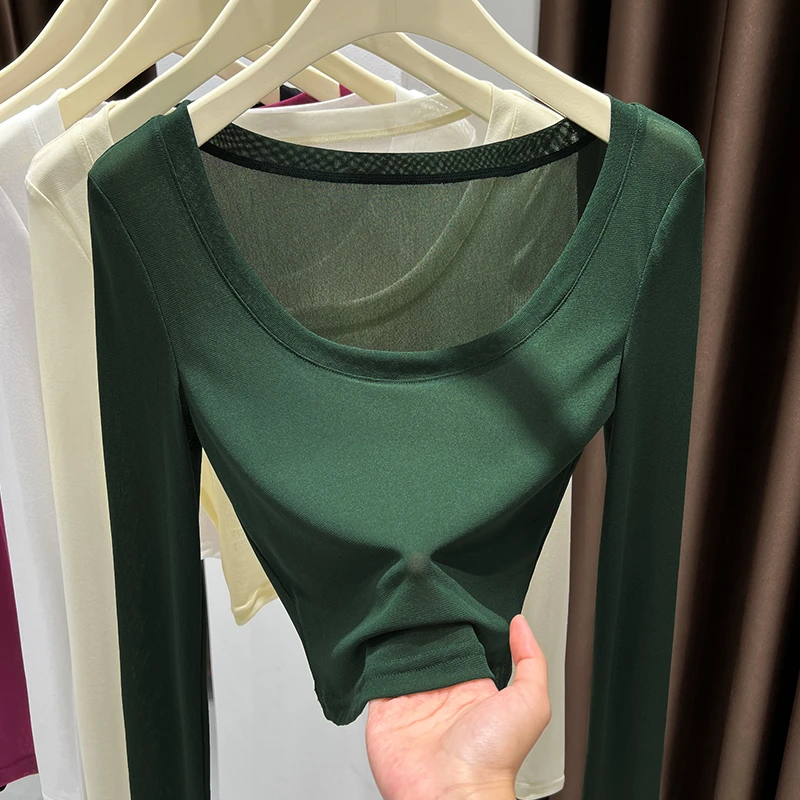 低领长袖打底衫女内搭2025夏季露锁骨圆领透气超弹网纱短款t恤ins