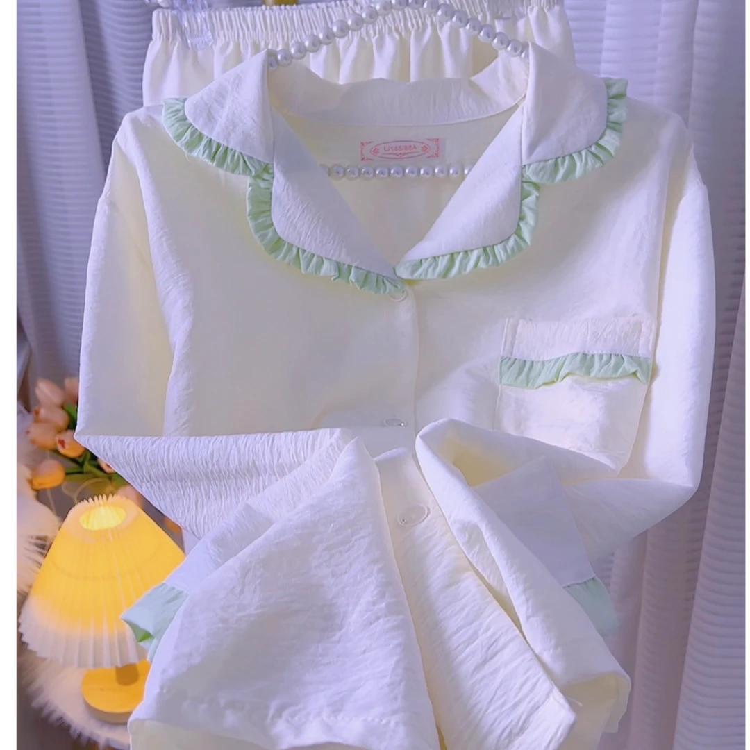 早秋新款甜美简约舒服透气女睡衣居家服套装