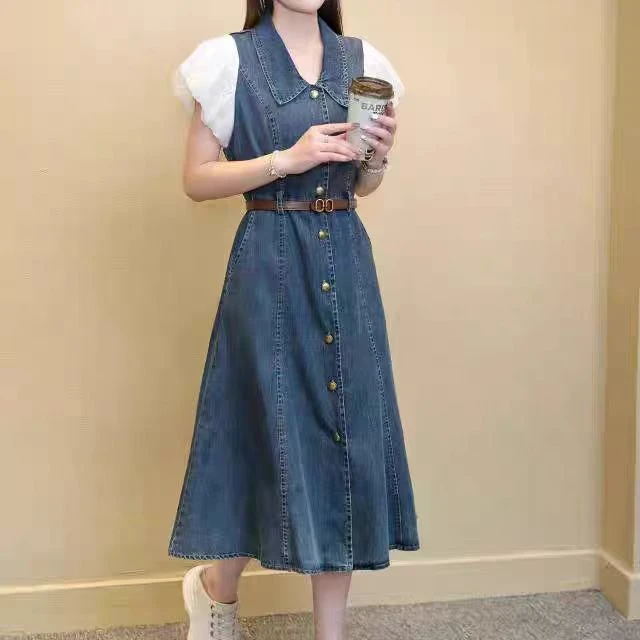 2431法式泡泡袖拼接牛仔连衣裙女夏季新款收腰裙女