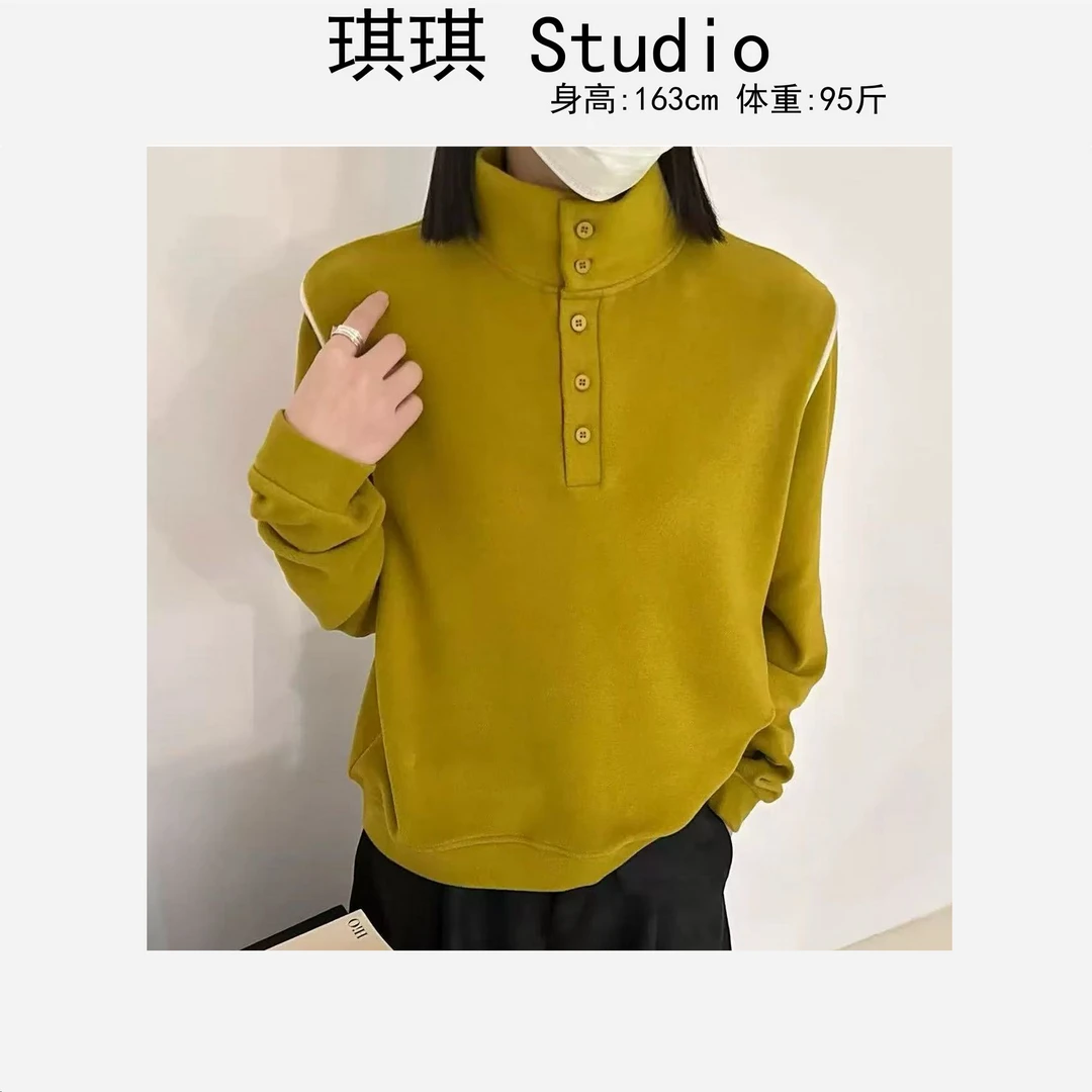 冬季新款双面绒肩膀拼色立领半开扣气质时尚显瘦减龄休闲上衣-G