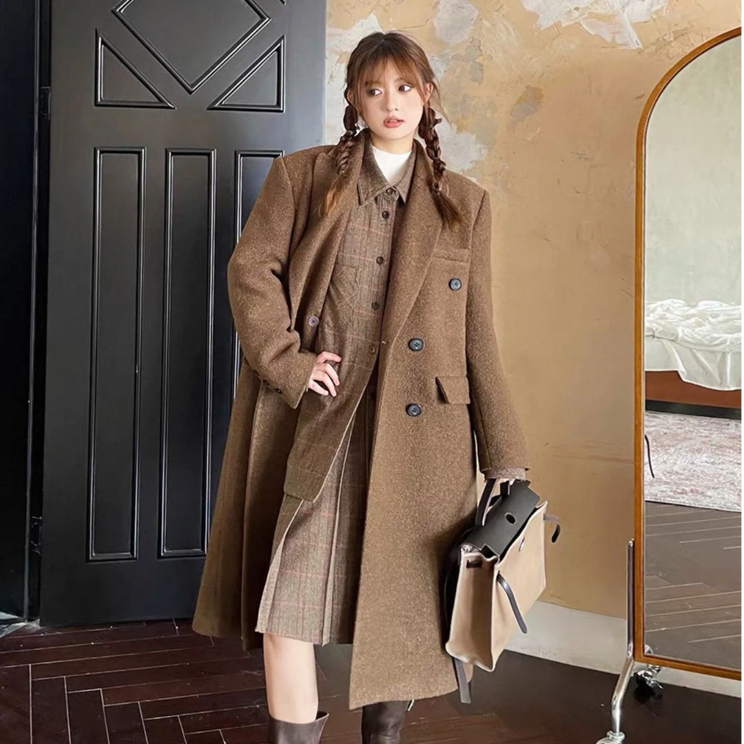 晶咕白标款~气质款西装呢子大衣格纹复古双排扣冬季