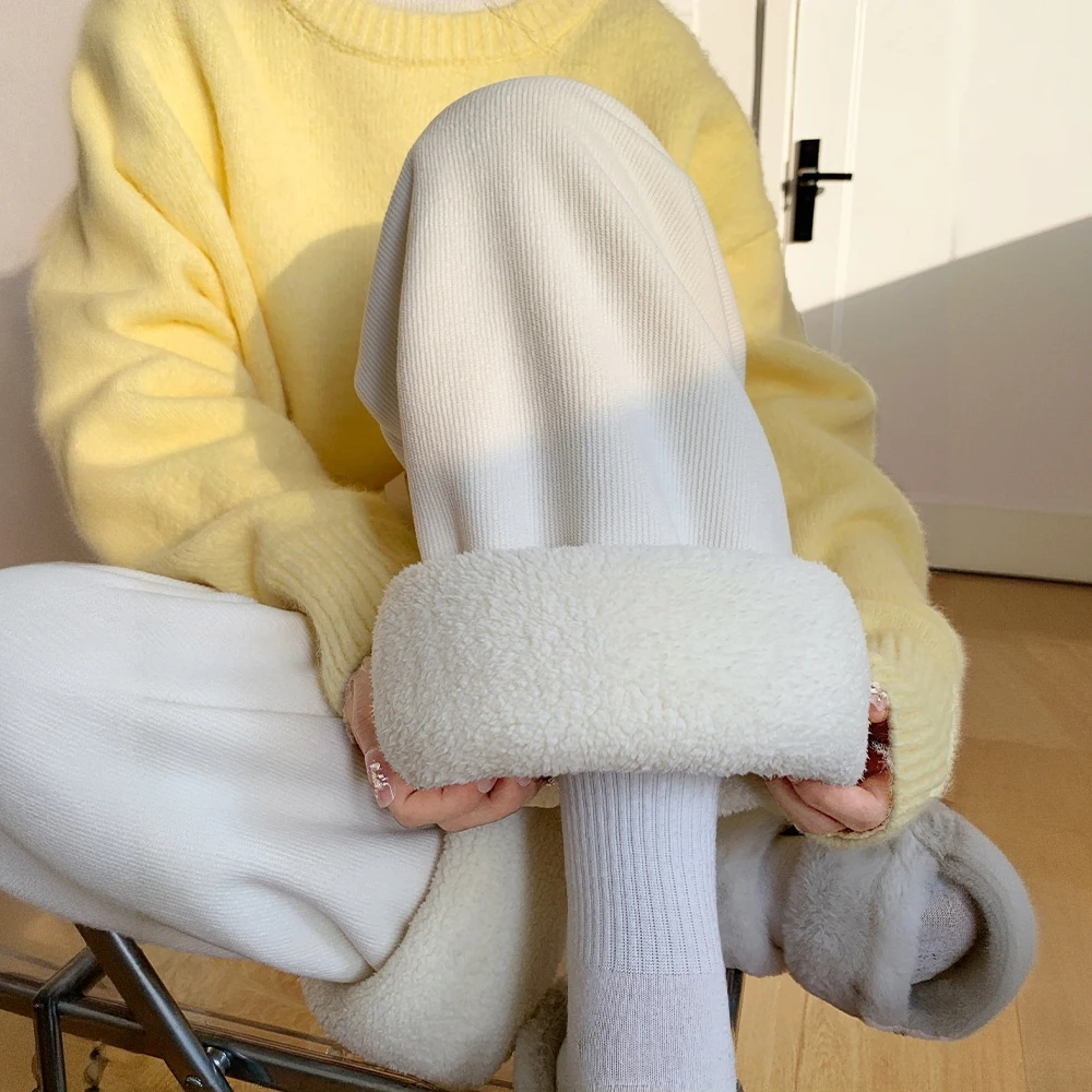羊羔绒阔腿裤子女冬季2025年新款加绒加厚高腰宽松休闲直筒拖地裤