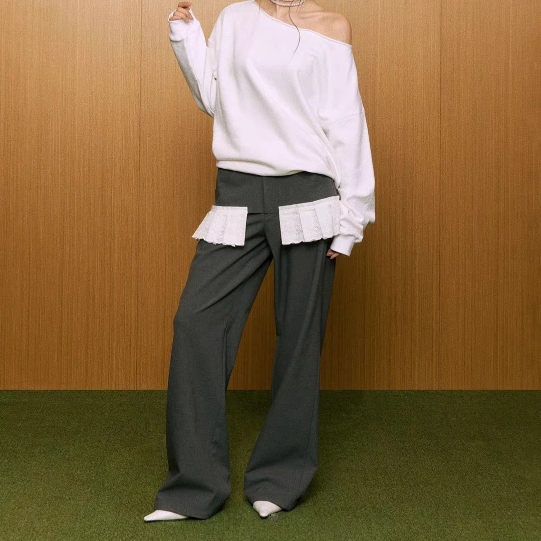 8052/8819法式设计感假两件裤裙蕾丝花边拼接裤子阔腿休闲西裤女