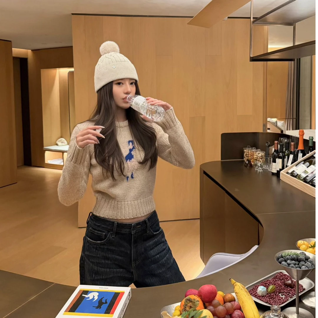 洋气休闲百搭性感辣妹长袖针织上衣长袖气质宽松牛仔长裤时尚套装