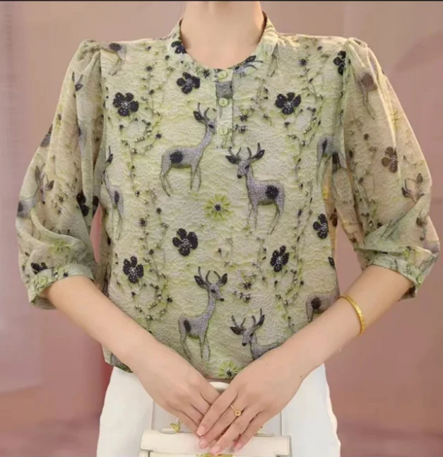 新款时尚气质印花遮肉优雅时尚显瘦碎花衬衫2025