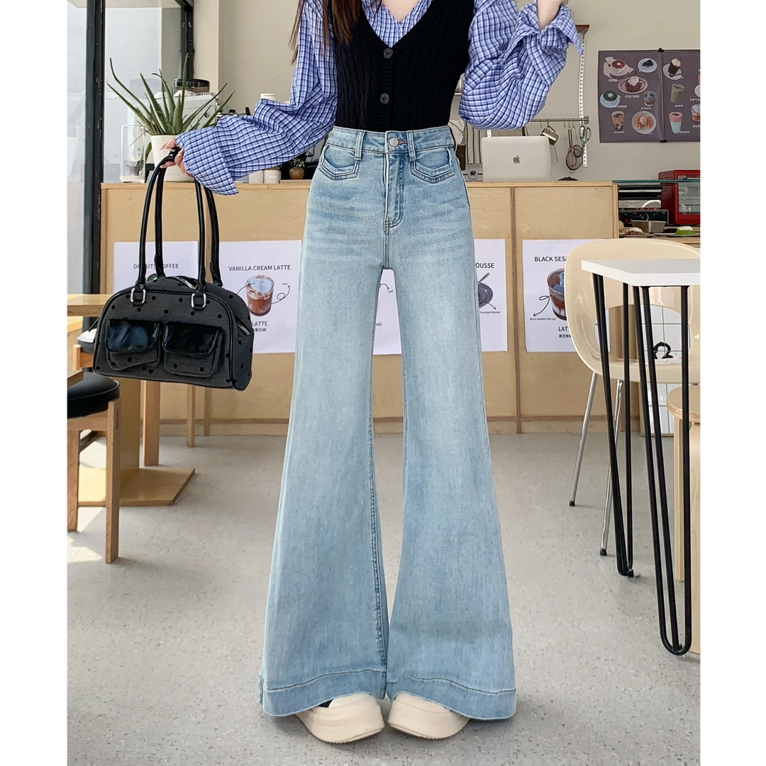 2025年秋季新款高腰牛仔裤女微喇裤直筒宽松弹力显瘦喇叭长裤子