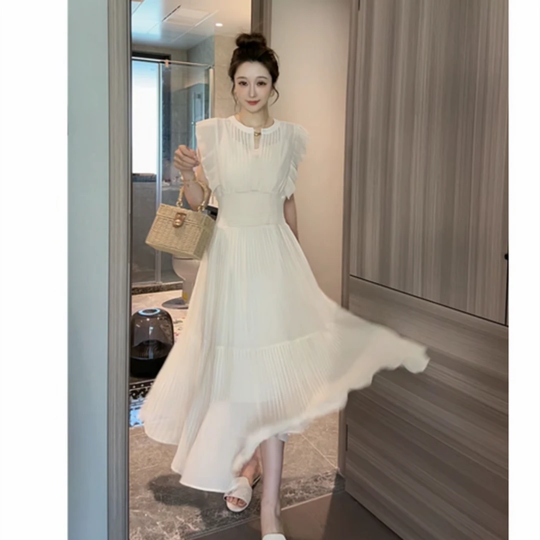 2025夏季压褶工艺珍珠雪纺连衣裙长裙小众夏季显瘦法式时尚两件套