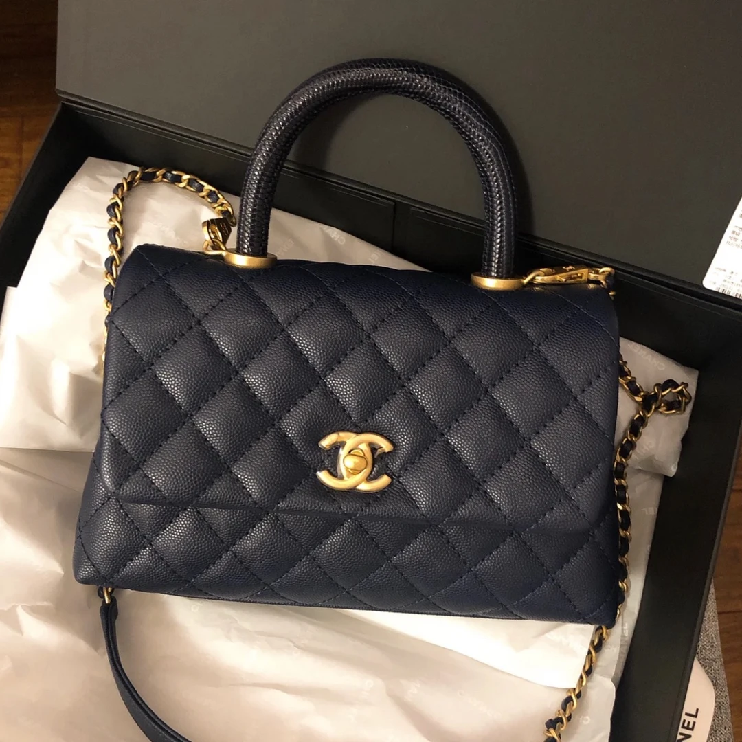 99新 Chanel/香奈儿 cocohandle小号黑金蜥蜴压纹手柄包/DC