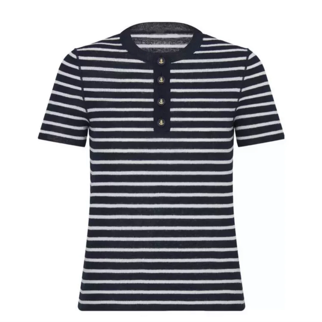 宝丫轻奢 海军撞色条纹短袖T恤K1654