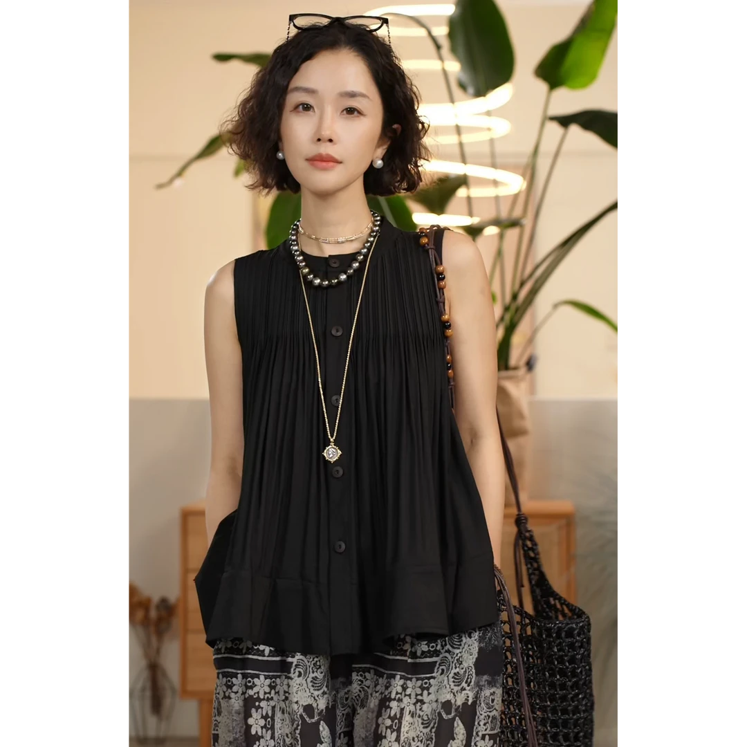 Y【叭哒不惑】奶油肌 减龄宽松无袖背心衬衣女休闲气质百搭上衣