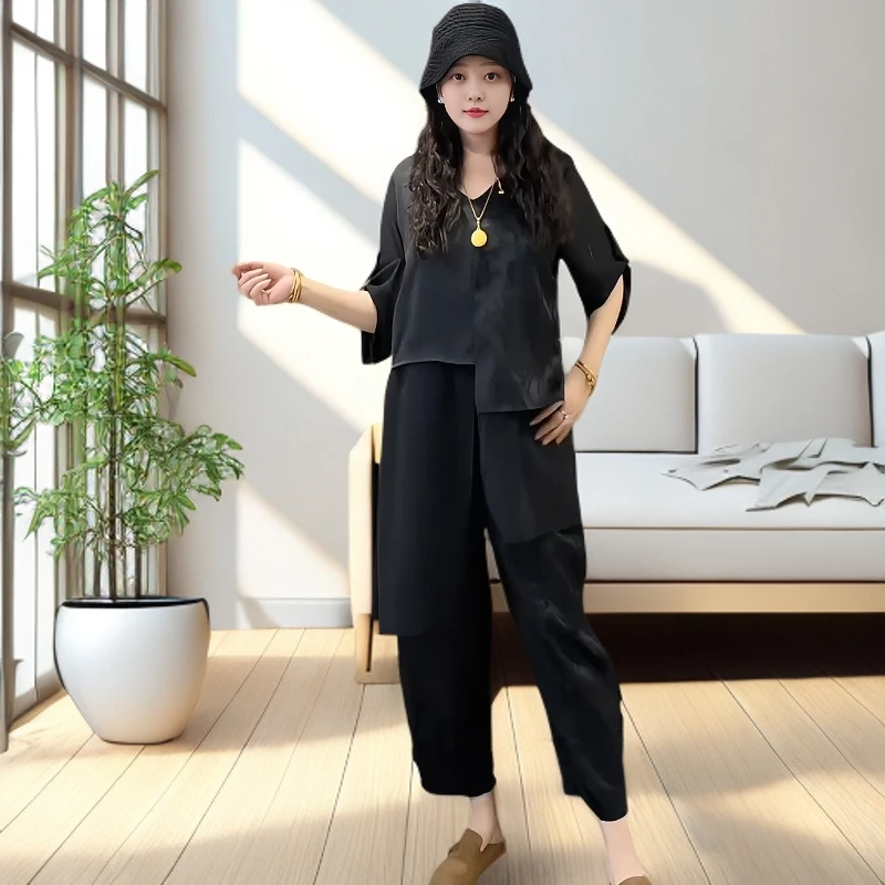 气质显瘦设计感V领宽松不规则拼纱挽袖大衫+老爹裤两件套时尚套装