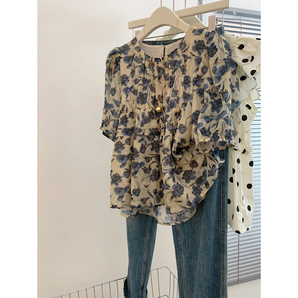 印花短袖衬衫女士独特别致绝美小衫宽松遮肚子显瘦气质泡泡袖上衣