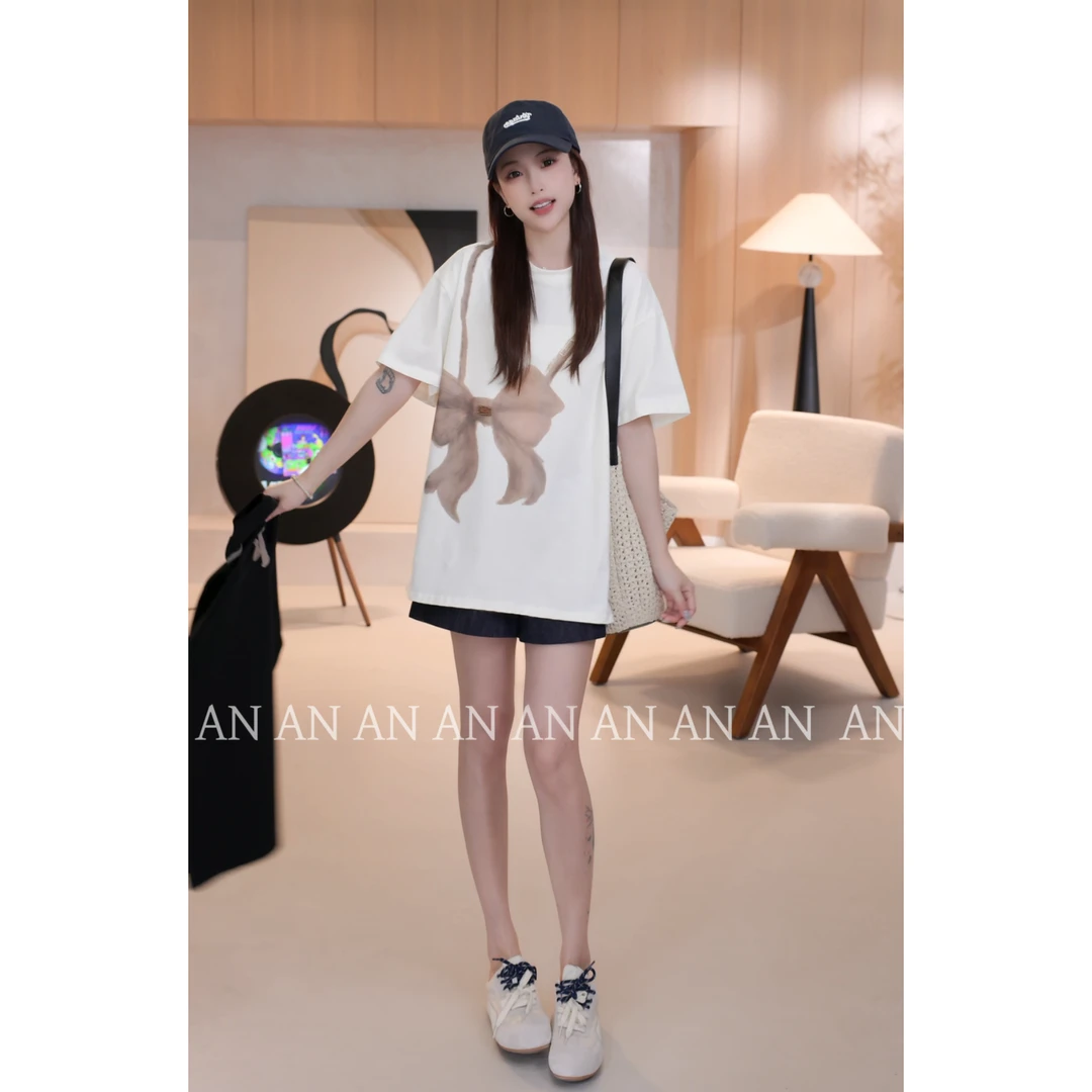 C02065新款时尚洋气少女休闲风小众蝴蝶结短袖T恤