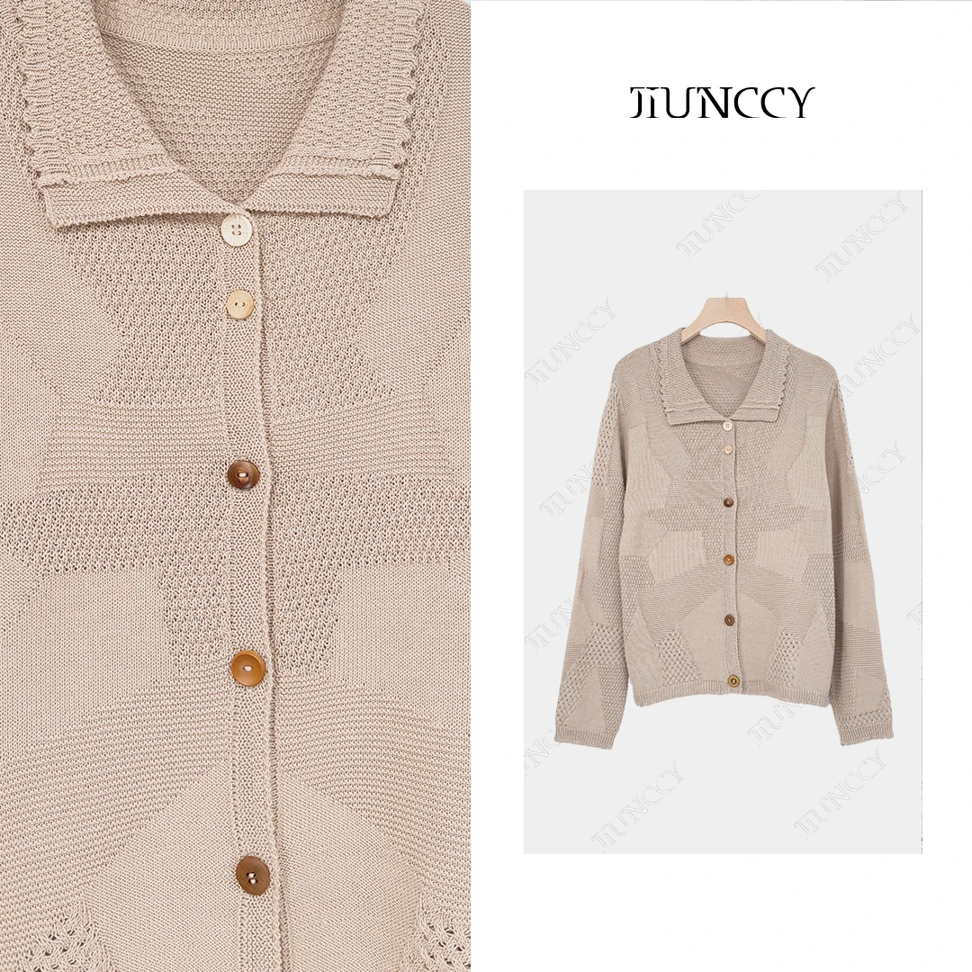 JIUNCCY【绮罗】定制亚麻棉不规格纹理撞色纽扣针织开衫 52YZZ012