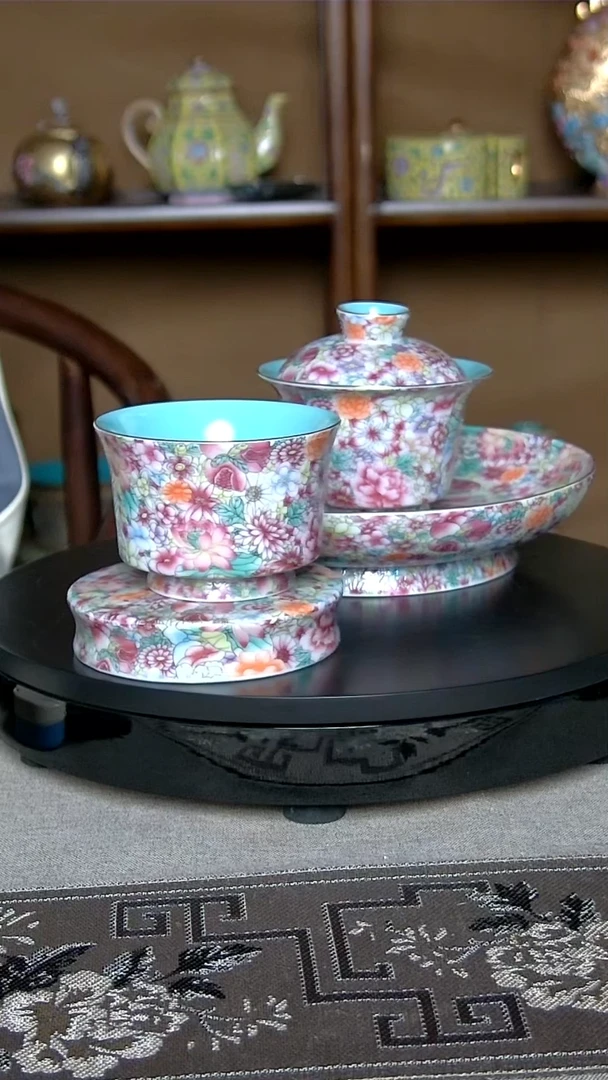 全手工景德镇珐琅彩万花茶具（三才+1壶承+1盖置+1杯）