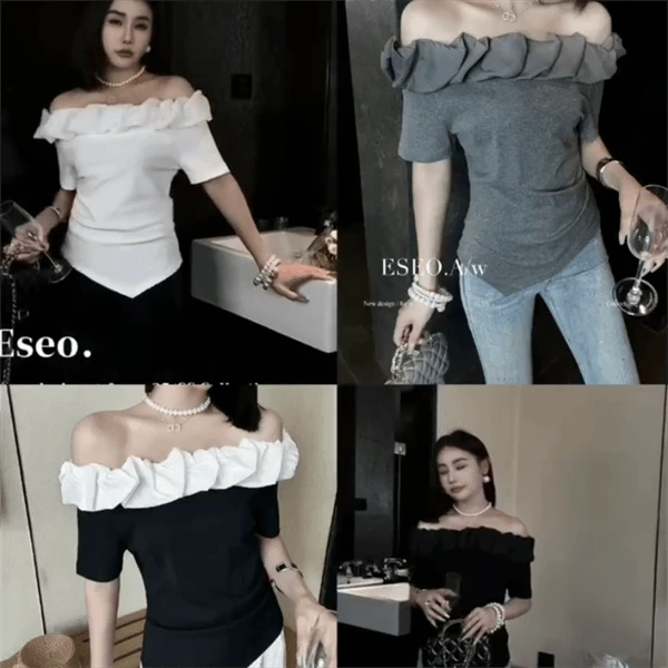 【巴韩】玲姐家6286时尚百搭韩版拼接花苞一字肩不规则下摆短袖T恤