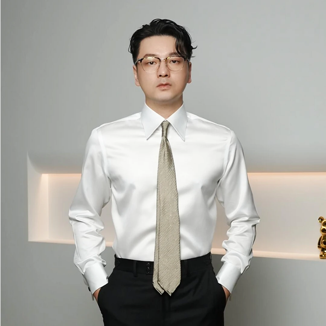 男士商务休闲修身免烫衬衫大尖领长尖领衬衣纯棉抗皱意式长袖衬衫