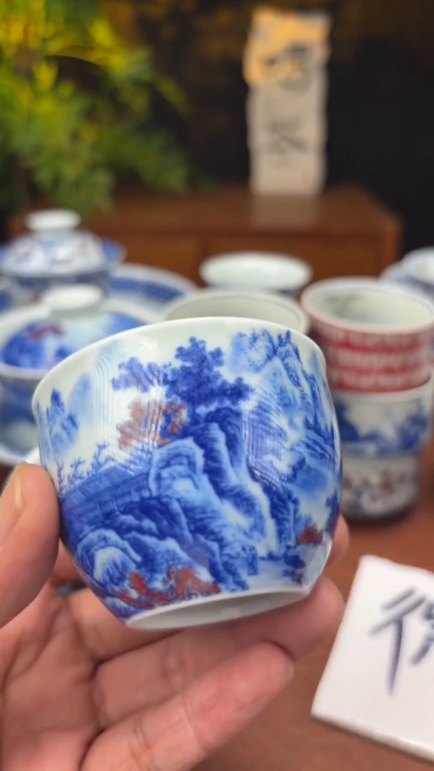 青花釉里红山水缸杯景德镇发货