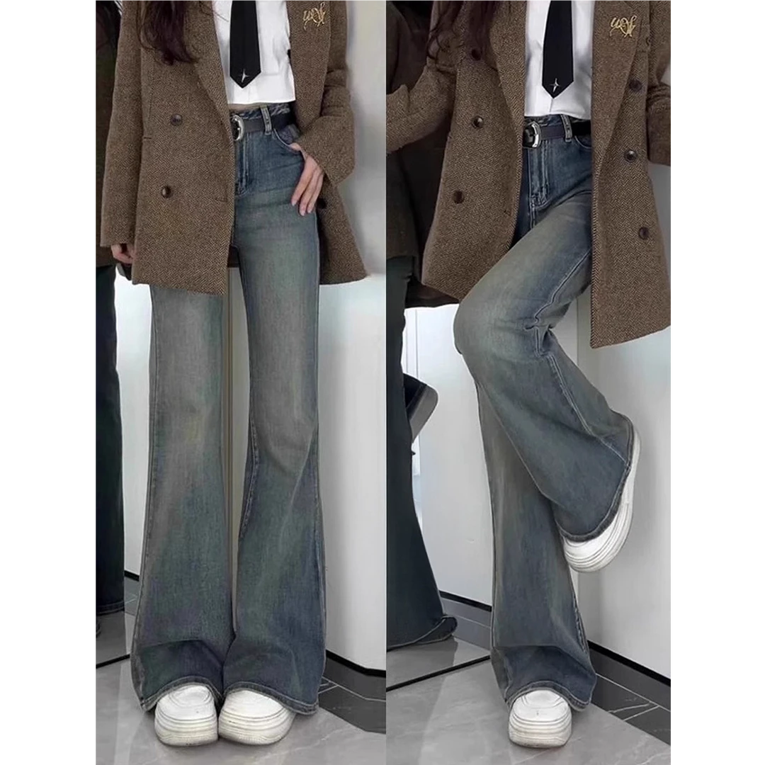 复古微喇牛仔裤女秋冬加绒加厚大码胖mm高腰显瘦不贴腿弹力喇叭裤