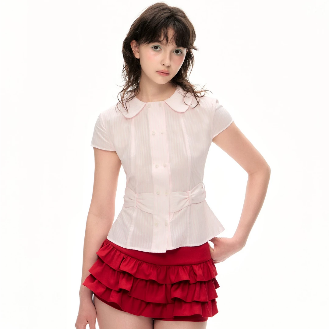 Romance Nanci粉色短袖收腰双排扣衬衫蝴蝶结设计感红色裙裤套装