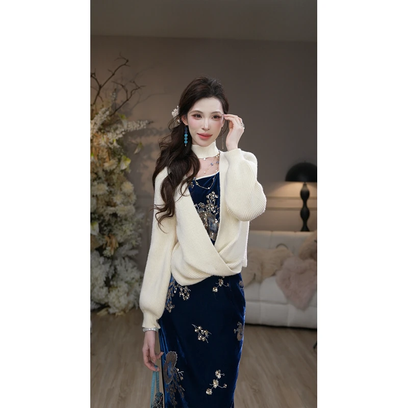 彼得潘大叔《叙兰时》重工刺绣假两件上衣收腰显瘦气质半裙套装